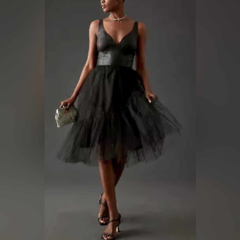 Anthropology vegan leather and tulle black dress. Gorgeous multilayered skirt. 4
